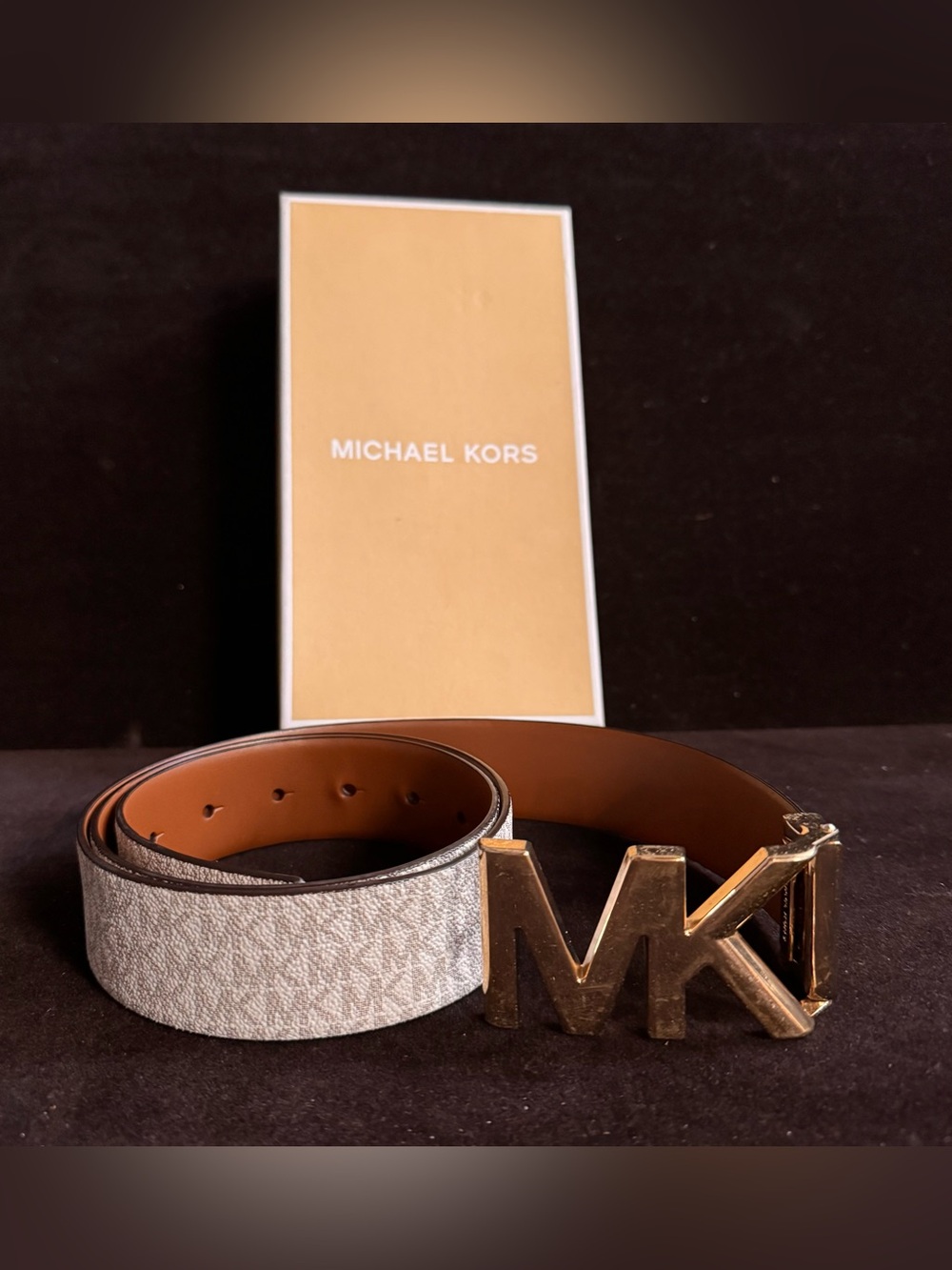 Michael Kors Reversible MK Monogram Belt Tan/Gold - Size Large with box